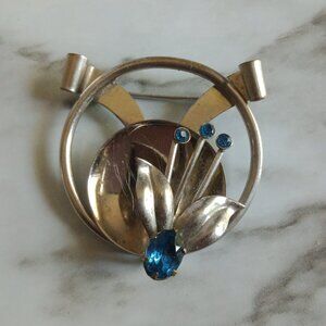 Vintage Sterling Silver Floral Brooch with Blue Rhinestones Art Deco Style Pin